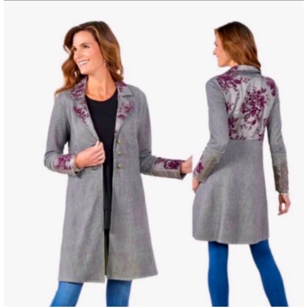 Soft Surroundings Grey Faux Suede‎ Floral Burnout Velvet Duster Jacket Small